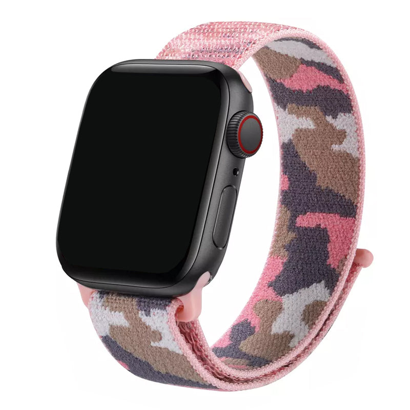 A pink colour camouflage pattern woven nylon watch strap on the latest Apple Watch