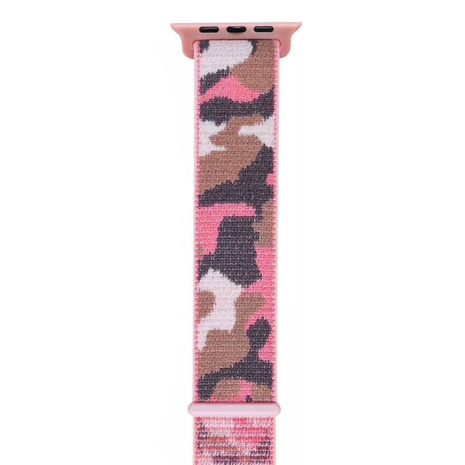A pink colour camouflage pattern woven nylon apple watch strap