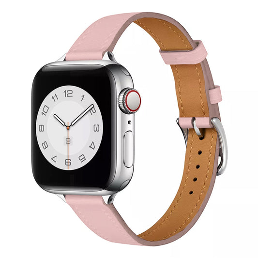 Women's pink colour slim genuine leather watch strap on an apple watch series 8