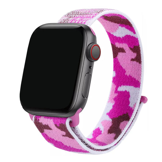 A purple colour camouflage pattern woven nylon watch strap on the latest Apple Watch