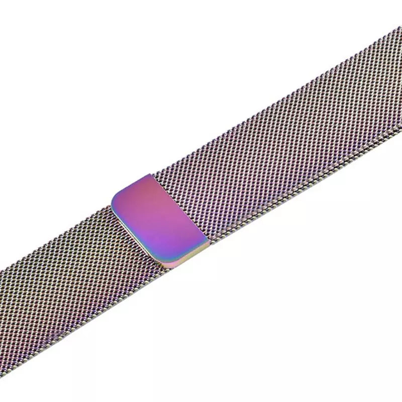 A rainbow colour stainless steel milanese watch strap that changes the colour when viewed from different angles designed for the latest apple watch