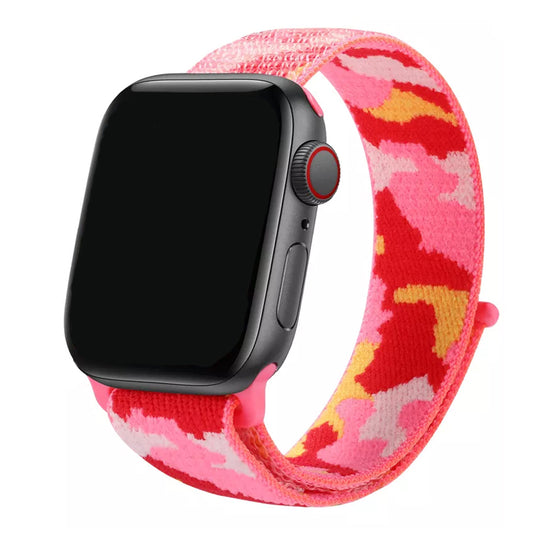 A red colour camouflage pattern woven nylon watch strap on the latest Apple Watch