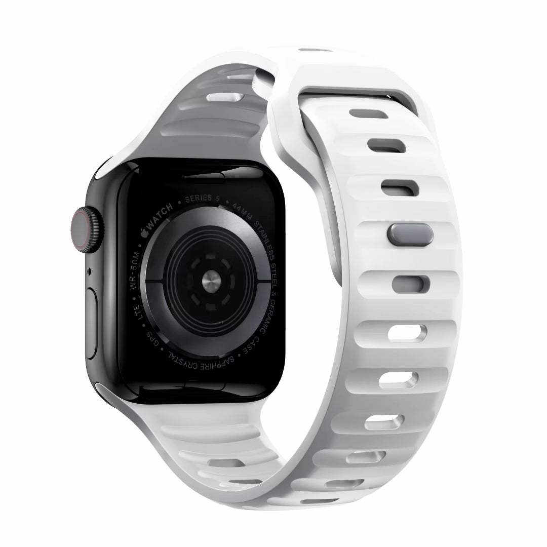 A white colour silicon watch strap for apple watch designed for active sports and heavy duty activities