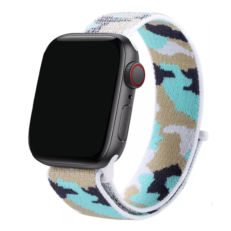 A white colour camouflage pattern woven nylon watch strap on the latest Apple Watch