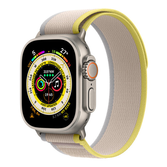 Front view of a grey and yellow nylon watch strap on an apple watch ultra designed for trail walk and hiking