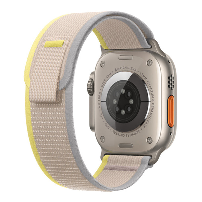 Rear view of a grey and yellow nylon watch strap on an apple watch ultra designed for trail walk and hiking